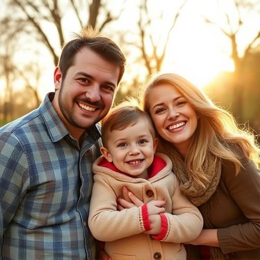 Photographie de famille joyeuse dans un parc lyonnais, avec les parents et leurs enfants souriant à la caméra, réalisée par Studio Lumière Dorée.