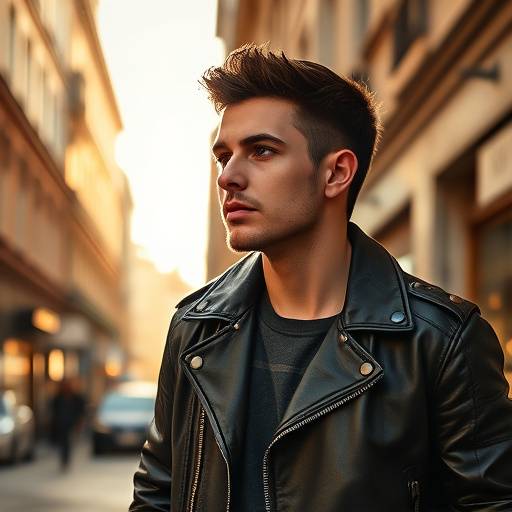 Portrait d'un jeune homme en style urbain, portant un blouson en cuir et regardant au loin, pris dans les rues du Vieux Lyon par Studio Lumière Dorée.