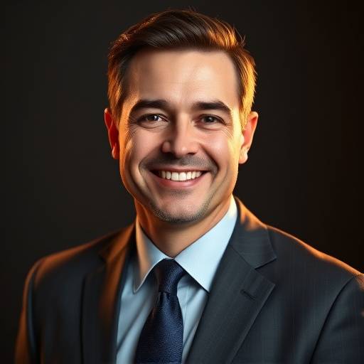 Portrait professionnel d'un homme d'affaires souriant, portant un costume et une cravate, pris en studio par Studio Lumière Dorée à Lyon.